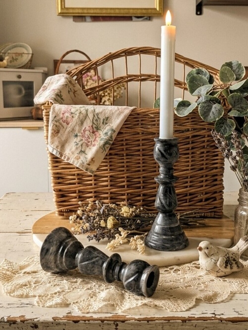 Classic Black Marble Taper Candle Holders - Set of 2